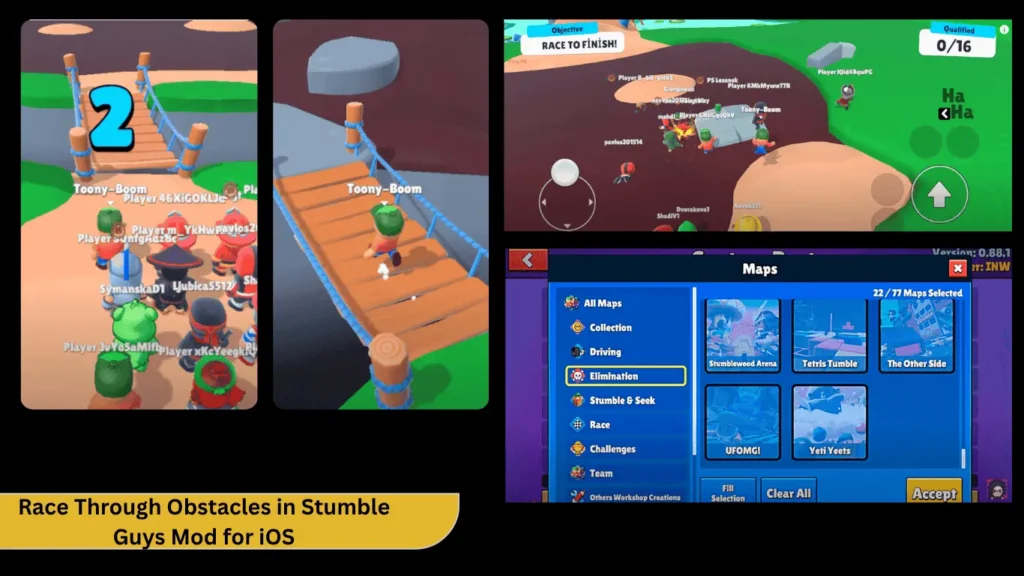 Download Stumble Guys Mod Apk for iOS (Free IPA, Skins & No Ads) 4 Multiplayer race gameplay screenshots collage in Stumble Guys iOS Mod APK obstacle course mode