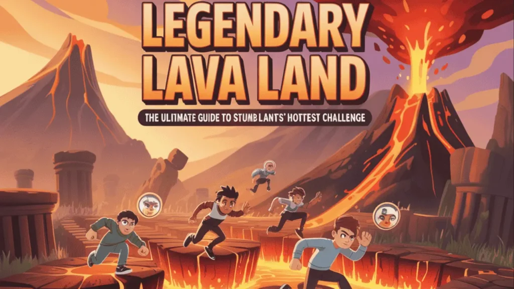 Feature image for Legendary Lava Land in Stumble Guys, showing players leaping across collapsing stone platforms over molten lava with ancient ruins and erupting flames in the background.