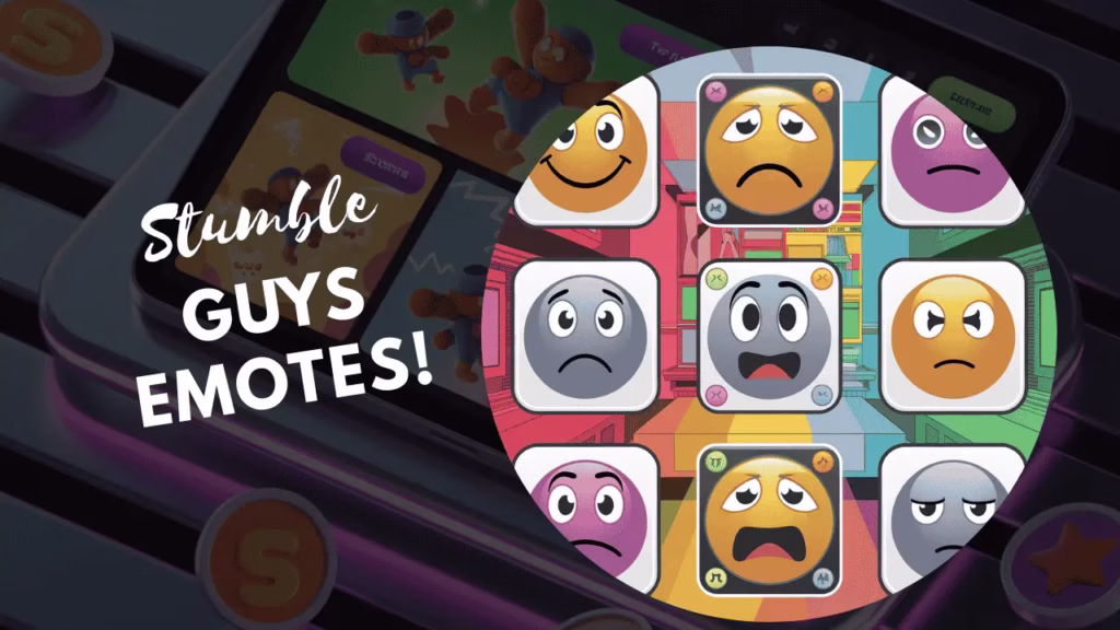 Stumble Guys characters performing different emotes like wave, dance, punch, and slide kick during gameplay