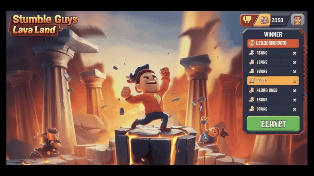 Legendary Lava Land: The Ultimate Stumble Guys Survival & Winning Guide 3 Landscape view of Stumble Guys Lava Land winning moment, showing the victorious avatar standing on the final platform as rising lava surrounds, with a glowing leaderboard highlighting the winner on the right.