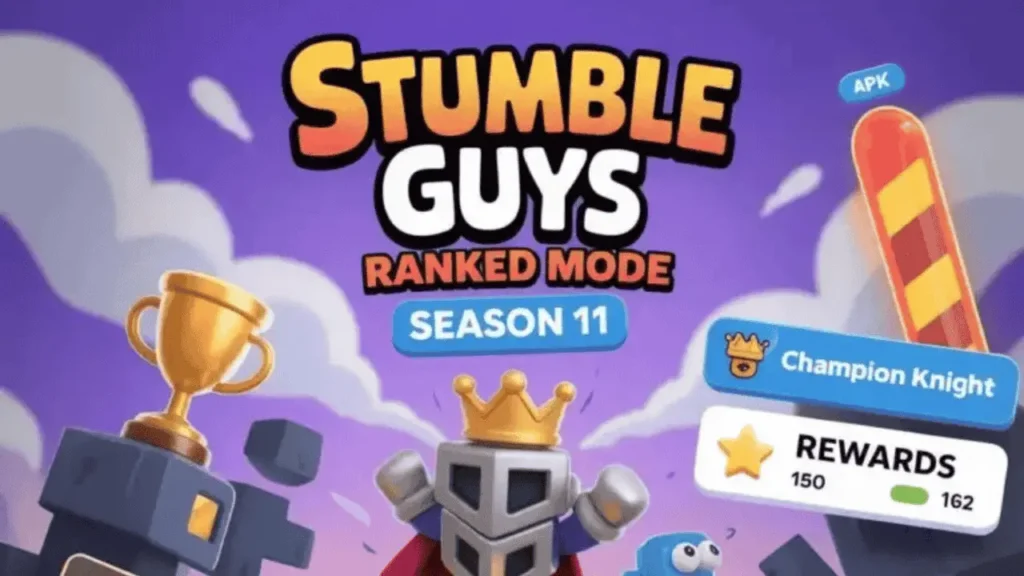 Stumble Guys Season 11 Ranked Mode showing RP ranks, rewards, and Champion Knight skin