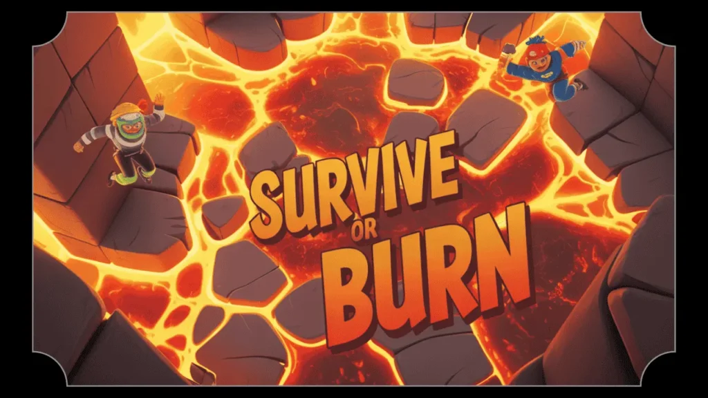 Legendary Lava Land: The Ultimate Stumble Guys Survival & Winning Guide 2 Top-down view of Stumble Guys’ Legendary Lava Land arena: player avatars leap between collapsing pillars over glowing orange lava with ancient ruin background, captioned ‘Survive or Burn