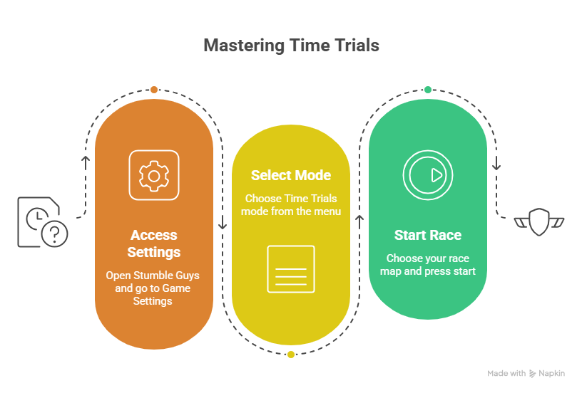 Stumble Guys Time Trials step by step guide infographic showing how to start and complete runs fast