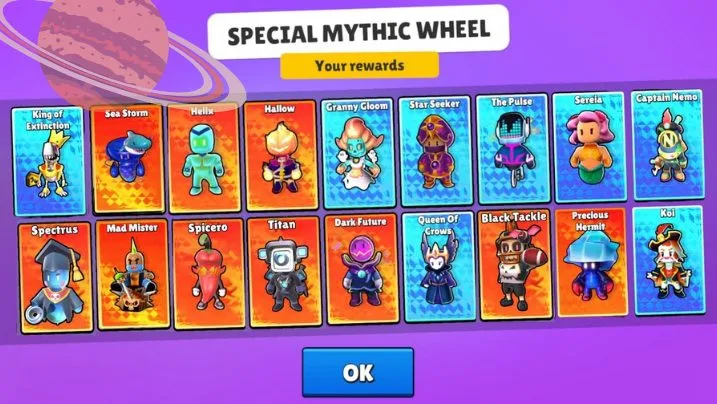 Mythic and Legendary skins in Stumble Guys Planet Rebels season featuring Mystik