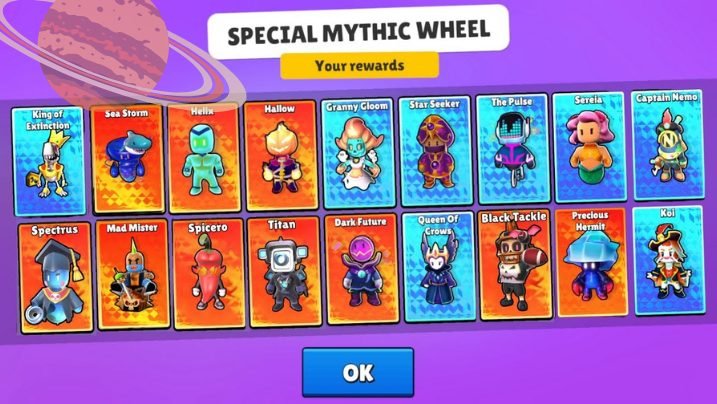 Mythic and Legendary skins in Stumble Guys Planet Rebels season featuring Mystik