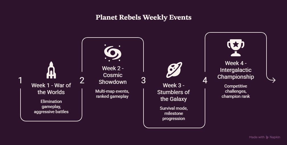 Planet Rebels Weekly Events infographic showing the four weekly Stumble Guys events, including War of the Worlds, Cosmic Showdown, Stumblers of the Galaxy, and Intergalactic Championship.