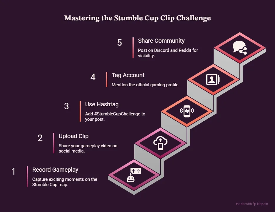 Stumble Cup Clip Challenge infographic showing gameplay recording, clip upload, hashtag use, account tagging, and community submission steps