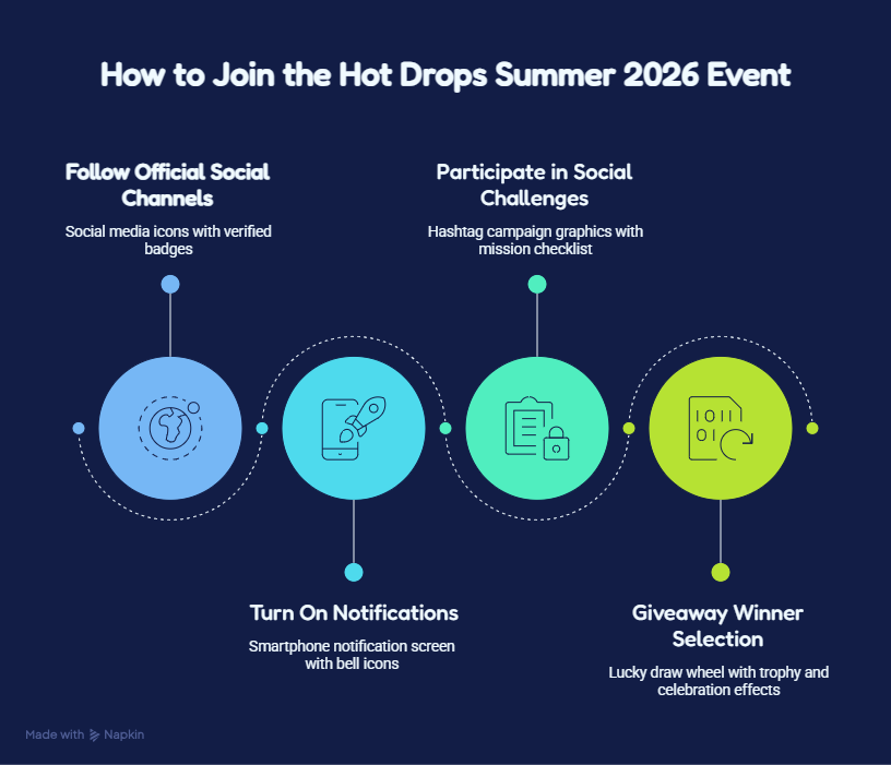 Stumble Guys Hot Drops Summer 2026 Coming Soon: Rewards, Free Gems, Dates & Full Event Guide 7 Stumble Guys Hot Drops Summer 2026 event guide showing how to join through official social channels, notifications, social challenges, and giveaway participation.