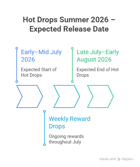 Stumble Guys Hot Drops Summer 2026 Coming Soon: Rewards, Free Gems, Dates & Full Event Guide 4 Stumble Guys Hot Drops Summer 2026 infographic showing expected release date, July event timeline, weekly rewards, gems, skins, battle pass rewards, and summer giveaway details.