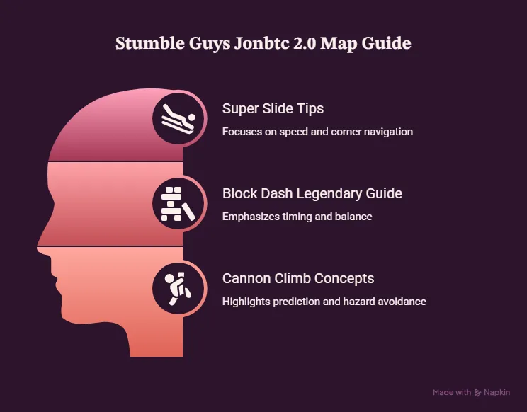 Stumble Guys Jonbtc 2.0 best maps guide with Super Slide Block Dash and Cannon Climb tips Inforgraphic